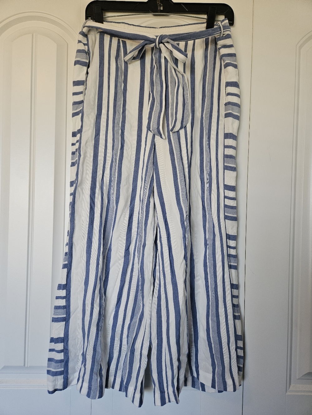 Striped Blue and White Wide-Leg Pants with Tie Waist